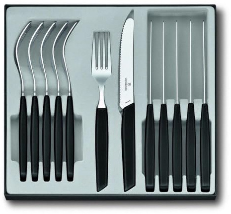 Victorinox Swiss Modern Besteck-Set für 6 Personen, 12-teilig, inkl. scharfe Messer mit Wellenschliff, Kunststoffgriffe, Schwarz | Set für 6 Personen mit scharfen Tomaten- und Tafelmessern sowie Gabeln, ergonomische Griffe, rostfreier Stahl
