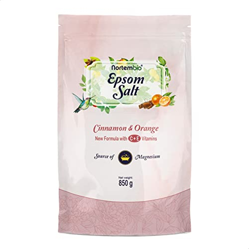 Nortembio Sales de Epsom 100% Fragancia Canela y Naranja 850 g – Fuente Natural de Magnesio | Con Vitamina C y E Hidratante | Para Baños Relajantes, Spa y Cuidado de la Piel + E-Book Gratis