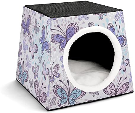 Three-Purpose Cat House Cat Bed Cat Sofa Printed Cat Cube Indoor Outdoor Kitty Shelter Butterfly Purple