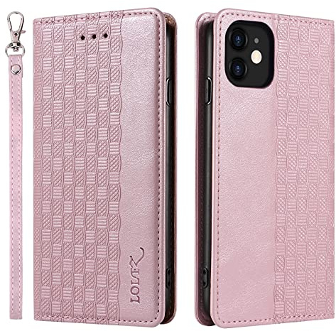 LOLFZ Case for iPhone 11, Leather Flip Wallet Case Card Slots Kickstand Wrist Strap Protective Magnetic Phone Case Cover for Apple iPhone 11 - Rose Gold