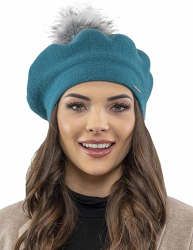 Vivisence Winter Baskenmütze Mit Bommel Für Damen Klassischem Herbst Frauen Mütze Schnitt Warmem Garn Mit Wollezusatz Eleganter Wintermütze Ideal Für Kalte Wintertage Modell 7035, Türkis,Einheitsgröße