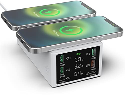 USB Charger, 150W 6-Port USB Charging Station PD Fast Charger with Quick Charge 3.0 Multi USB Port Dual Wireless Charger LCD Display USB C Charging Desktop Hub for iPhone iPad Samsung Tablet