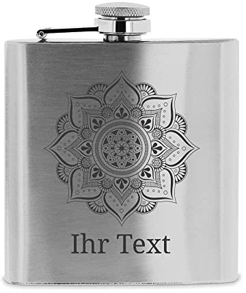 Flachmann Edelstahl mit Gravur, matt 190 ml, Zentangle Mandala | Personalisierter Flachmann mit Namen – filigranes Mandala-Motiv, ein Unikat für besondere Anlässe