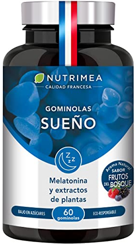 Gominolas Sueño - Melatonina - Calidad del Sueño y Ayudan a Dormir - Con Pasiflora Eschscholtzia y Melisa - 60 Gominolas Veganas - Sabor a Frutos del Bosque - Fabricado en Francia Nutrimea