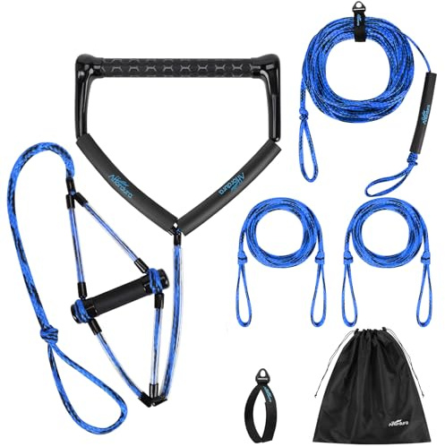 Affordura Water Sports Tow Rope 75 Feet with Handle - Wakeboard & Ski Rope for Water Skiing & Tubing, 4 Sections, Blue-Black