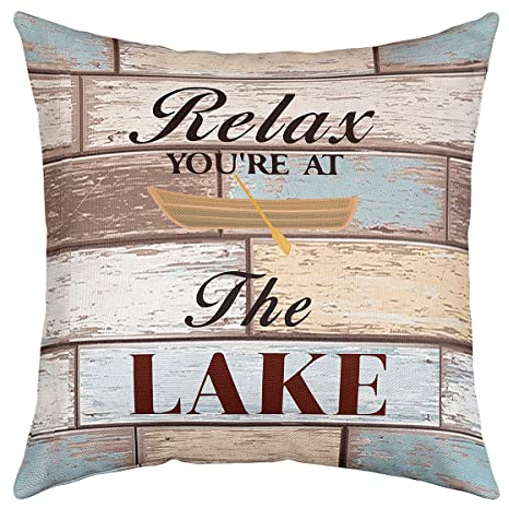 Loussiesd Lake House - Federa per cuscino reversibile per ragazze, campeggio, decorazione per la casa, in legno rustico, quadrato, set di 1 set di 1 paletta per decorazioni per la fattoria, 52 x 55 cm