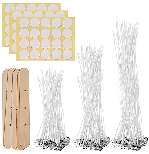 150 Pezzi Stoppini per Candele, Stoppini in Cotone per Candele da 10cm/15cm/20cm, Stoppino per Candele Naturali con Porta Stoppino in Legno e Adesivi per Stoppini Bifacciali, per Fare Candele