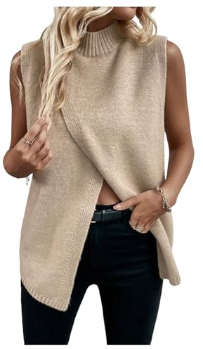 Verdusa Women's Sleeveless Sweater Vest Spring Business Casual Outfits Mock Neck Knit Pullover Sweaters Going Out Tops Khaki Medium