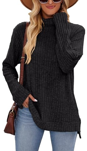 Famulily Turtleneck Jumpers for Women, Oversized Fall Winter Long Sleeve Sweaters Side Splits Tunic Tops