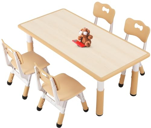 FUNLIO Kids Table and 4 Chairs Set for Ages 3-8, Height Adjustable Toddler Table and Chair Set, Easy to Wipe Arts & Crafts Table, for Classrooms/Daycares/Homes, CPC & CE Approved (5 pcs Set) - Natural