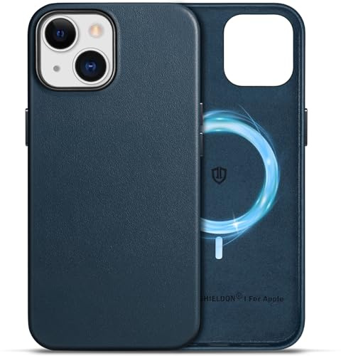SHIELDON Lederhülle für iPhone 15 6,1 5G 2023, Marineblau | Echtleder, Magnetisch Kabelloses Aufladen, Anti-Fingerabdruck, Stark Magnetkraft, Kratzfest, Dünn Schutzhülle