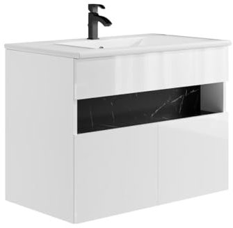 Vente-unique-Waschbeckenunterschrank hängend mit Einbauwaschbecken - mit LED-Beleuchtung - Weiß & Schwarz - Marmor-Optik - 80 cm - POZEGA