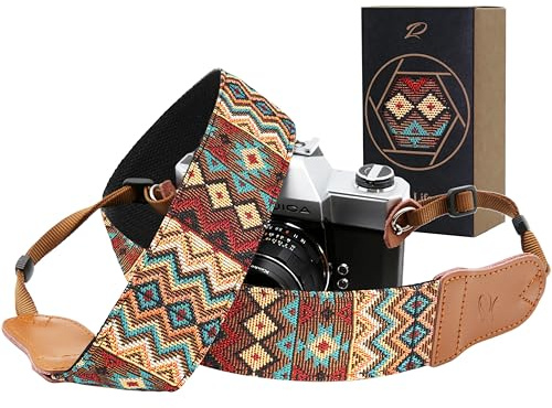 Padwa Lifestyle Kameragurt - 2“ Rindsleder Kopf Kameragurt für Fotografen, Vintage Jacquard Stickerei gewebt Baumwolle verstellbare Schulter Nackenriemen für Kameras, Ferngläser - Cooler Ethnostil