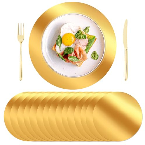 KesaPlan 50PCS Round Gold Placemats, 13 Disposable Paper Placemats for Dining Table, Mirrored Gold Charger Place Mat for Kitchen Banquet Table Setting Wedding Birthday Dinner Party