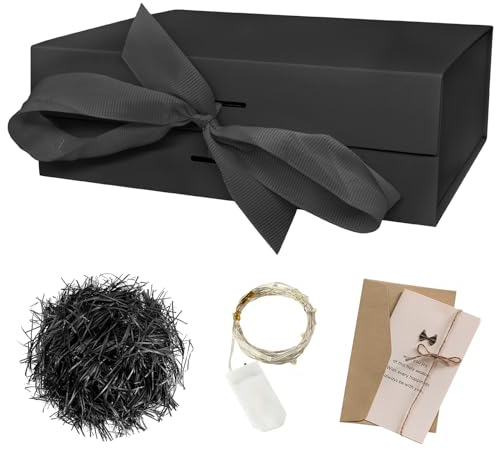 Geschenkbox mit Deckel, Faltbare Geschenkbox Hochzeit, Magnetbox mit Schleife, LED-Leuchten, Grußkarte, 23 X 17 X 7 cm, Geeignet für Weihnachten, Geschenkverpackung Geburtstag, Jubiläum-Geschenk Box