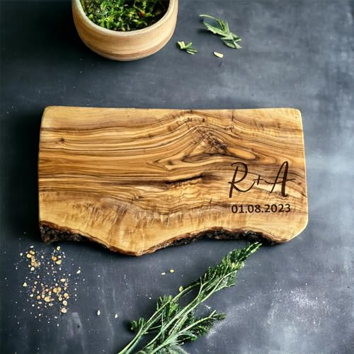 Couples Gift Personalised Olive Wood Cutting Board Chopping Board Wedding Gift New Home Gift Engagement Wedding Anniversary Valentines Initials Design in 25cm 30cm 40cm 50cm (Rustic 25cm)
