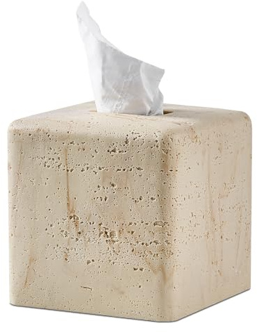 Natural Travertine Textures Tissue Box Cover Square for Home Decor,Resin Heavy Tissue Box Holder for Bathroom Countertop,Tabletop,Bedside Table,Office (Handmade of Resin)