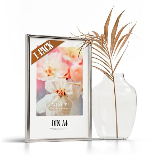 Whole® Premium 1x Bilderrahmen DIN A4 21x30 cm Silber Champagne Metall Rahmen 1-Pack mit Acrylglas | Posterrahmen 21x29,7 cm| Metallrahmen Alu-Bilderrahmen Aluminium