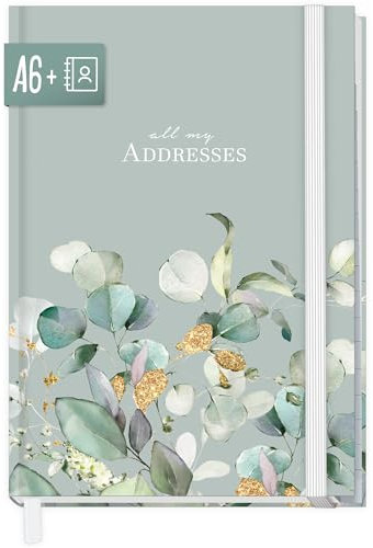 paper&you® Adressbuch A6+ mit Register A-Z und 120 g/m² Premium-Papier Minty Leaves Buch für Kontakte, Geburtstage & Passwörter - nachhaltig & klimafreundlich