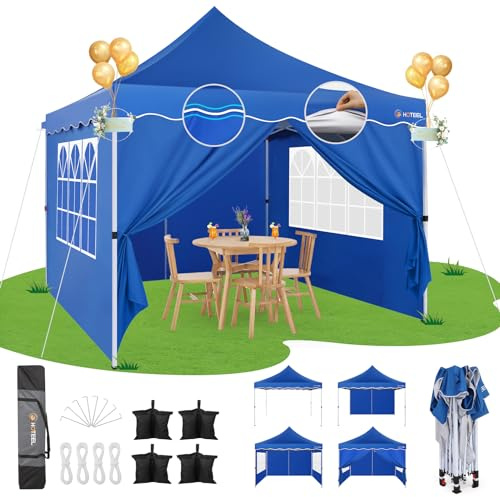HOTEEL Faltpavillon 3x3 Wasserdicht Stabil Pop Up Pavillon Klappbar 3x3m Winterfest Partyzelt, mit 4 Seitenwänden, 4 Sandsäcken, 4 Seilen, 4 Heringen, Verdickte 0,6mm Randstange, 310cm Hoch, Blau