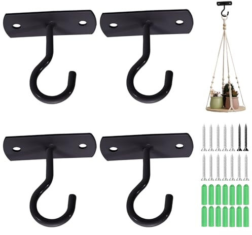 Donmnemb 4PCS Ceiling Hooks Heavy Duty, Ceiling Hooks for Hanging Plants, Wall Mount Hangers Plant Hooks, Ceiling Hooks for Hanging Lights, Bird Feeders, Lanterns, Wind Chimes, Planters (Black)