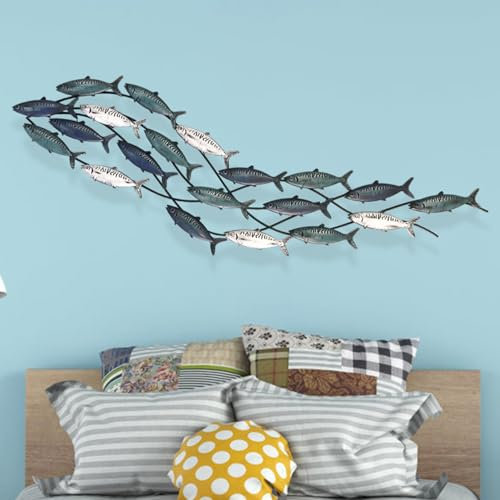 Wanddekoration, 149,9 x 41,9 cm, Metallfisch, großer Schwarm mit 20 Fischen, Wandkunst, Fisch, 3D-Fisch-Wandskulptur, Fisch, Ozean, Dekoration für Wohnzimmer, Schlafzimmer