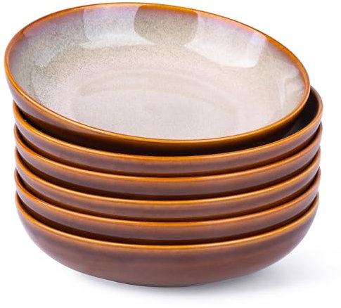 LeRatio Large Pasta Bowls 22cm, Stoneware Deep Plates Set of 6, Scratch Resistant Serving Bowl, Modern Soup Noodle Bowls, Microwave AMD Dishwasher Safe, Cappuccino