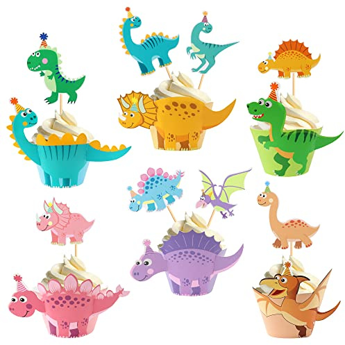 Dinosaurier Kuchendekoration,Dinosaurier Cupcake Topper und Cupcake Wrapper,Dino Thema Geburtstagstorte Dekoration für Kinder Geburtstag Baby Shower Party Dekorationen Zubehör