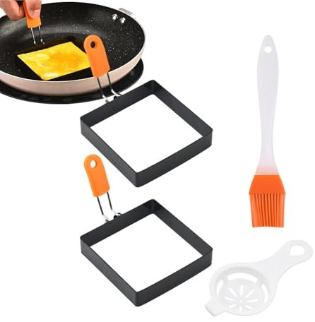 YNPQTDS Square Egg Mold, Egg Mould Mokas Square, 10x10cm Stainless Steel Fried Egg Ring, Black, Griddle Pancake Shapers With Silicone Handle, For Breakfast Omelette Sandwich