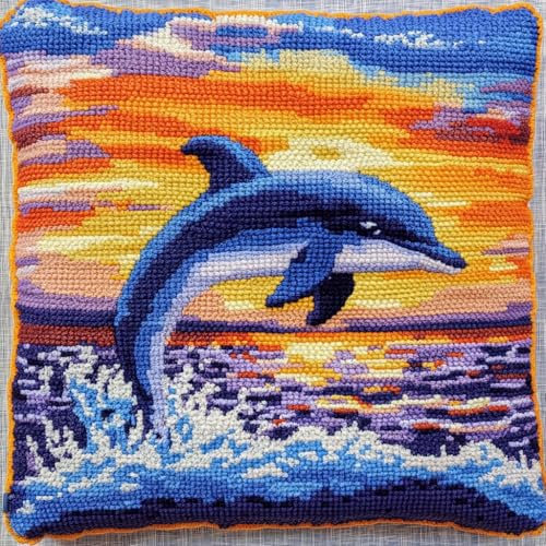 ASONGLINGO Knüpfkissen Set Delfine im Ozean Latch Hook Kissen Kit Knüpfteppich Knüpfpackung Set, Sofakissenbezug,DIY Kissen Knüpfset Mit Anleitung 43X43cm