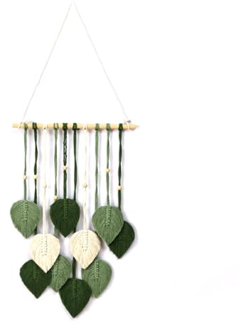 Rixotix Handwoven Macrame Wall Hanging with Green Leaf Tassels - Boho Chic Cotton Rope Tapestry for Bedroom, Living Room, or Office Decor