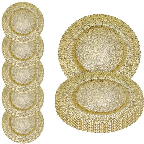 Gold Glass Charger Plate with Luxury Peacock Design – 33cm Round Underplate for Weddings, Decorations, Parties, Special Events, Anniversaries, Birthdays, Catering, and Tableware - 12 Pcs