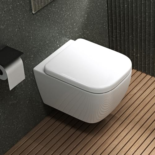 Mai & Mai Hänge WC Toilette Wand-WC Spülrandlos | Wand-Toilettenbecken Weiß aus Keramik, Wandmontage mit Absenkautomatik, Aachen101