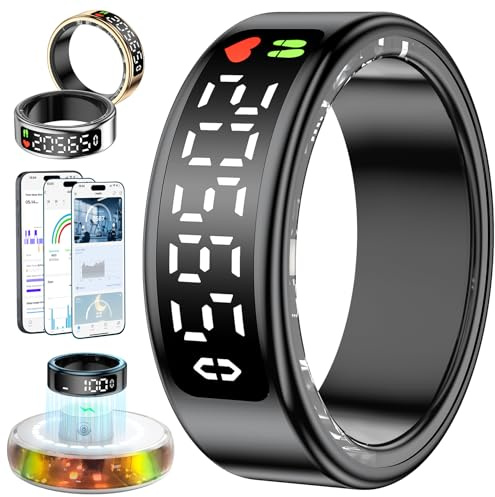 2026 Anillo Inteligente Hombre Mujer, Smart Ring con Pantalla LED, Health Fitness Ring Tracker IP68, Smartring con iOS y Android para Monitorear el Sueño/Pulsometro/SpO2/Estrés/HRV (Negro, 13)