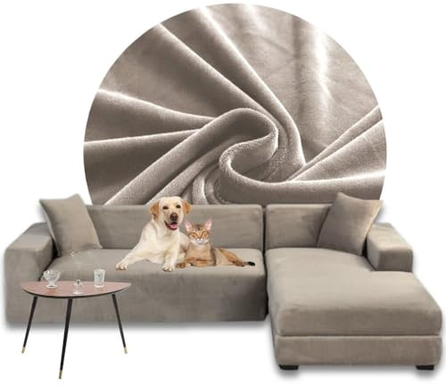 Domidekor Sofa Überzug L-Form – Elastischer Samt Couchbezug, Weich und Wasserdicht – Couch Überzug für 2/3 Sitzer, Universal Sofaüberwürfe mit Anti-Rutsch-Schaumstoffe, Beige, Rechts