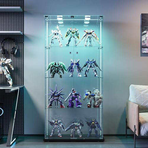 BSMGSGN Vitrina de Vidrio de 4 Capas con luz LED y 2 Puertas, Vitrina de Vidrio Templado con Cerradura, vitrinas de colección Independiente, estantería para Sala de Estar (Negro, 4 Capas 2 Puertas-A)