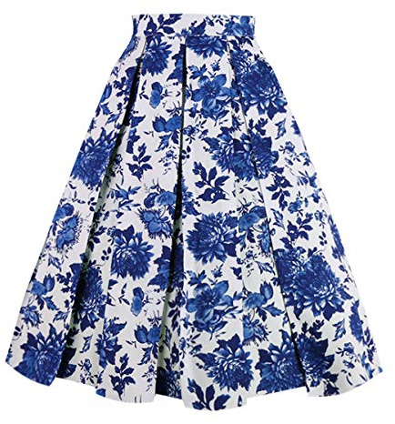 OBBUE Dresstore Vintage Pleated Skirt Floral A-line Printed Midi Skirts with Pockets Blue-White-Porcelain-L
