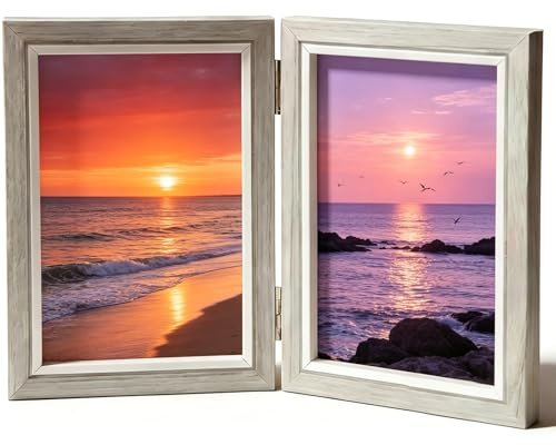 Double Photo Frame 6x4, Wooden Picture Frame for Family Photos, Foldable Design with High Transparency Glass, Perfect for Displaying Two 6x4 Photos on Tabletops or Desks