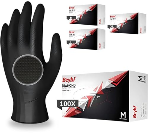 BEYBİ®️ Einweghandschuhe Diamant Grip, 100 St/Box, Schwarz,Orange, Einmalhandschuhe Extra Stark, Nitrilhandschuhe Gr. XL 3x Dicker, Handschuhe Einweg, M,L,XL (Schwarz, M)