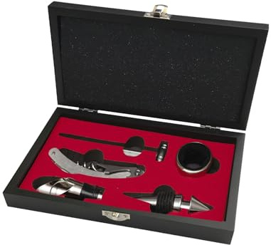 H&H Sommelier-Set aus schwarzem Holz – 6-teiliges Set mit Kellner-Korkenzieher, Stopfen, Ausgießer und Tropfenfänger – elegantes Geschenkset für Weinliebhaber