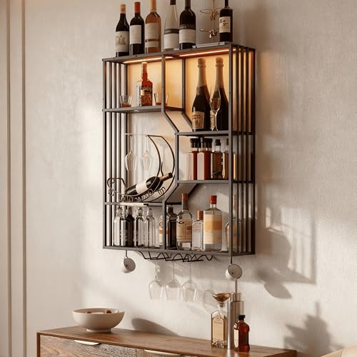 YOURLITE Weinregal Wand mit Glashalter,Metall Bar Regal Wand Wandmontage | Weinpareite Display Rack,mit LED-Beleuchtung,Beidseitig Montierbar,für Bars,Wohnzimmer,Restaurant,Schwarz