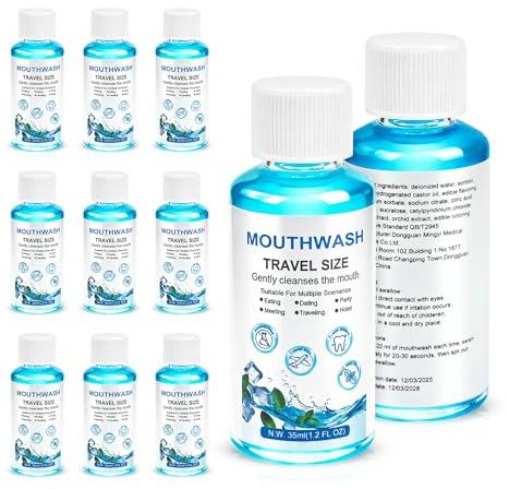 Lomgwumy Travel Mouthwash Mini, 1,2 oz/35 ml mini lös munvatten, frisk andedräkt, lätt att bära, lämplig för resor, hotell, arbete, dejting, oumbärlig (förpackning med 10)