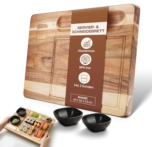 2in1 Schneidebrett & Servierbrett aus Holz mit 2 Schalen - PERSONALISIERBAR - Meal Prep Küchenbrett für Sauberes Schneiden & Stilvolles Servieren - Ideal für Küche, BBQ & Gäste