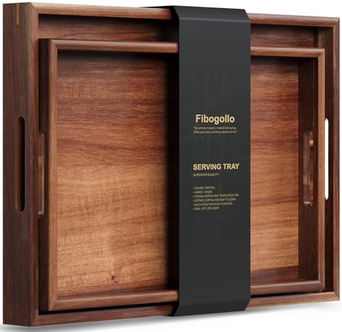 Fibogollo Serviertablett Akazienholz 2er M+L Griffe Frühstück Bett