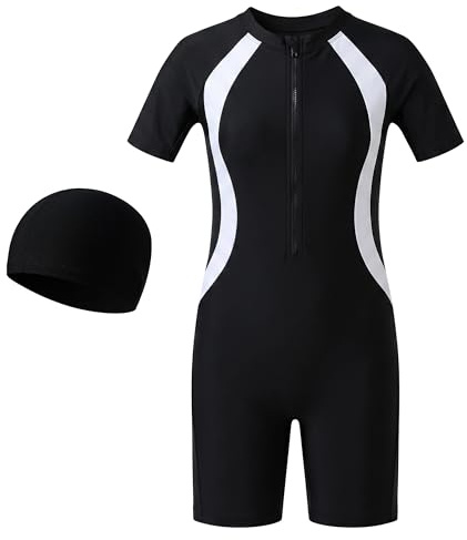 Baogaier Kids Swimming Costume with Cap Kids One-Piece Swimsuit 4-12 Years | Short Sleeve, Front Zip Rash Guard Swimwear, 2pcs Bathing Suit, For Summer Surfing Water Sports Beach School Swim Training