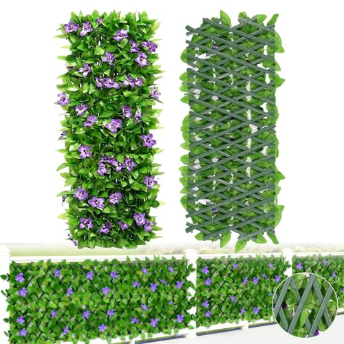 2PCS Expanding Garden Trellis Panels, 40x20cm to 28x200cm Expandable Garden Fence Screening with Artificial Ivy and Violet Flower,Decorative Faux Ivy Leaf Privacy Screen Greenery Backdrop for Backyard