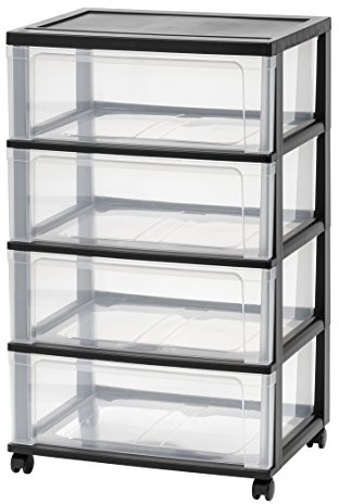IRIS USA Plastic Drawer Storage Organizer Rolling Cart, with Wheels Casters, 4-Drawers, for Art Craft Supplies Bathroom Dorm Bedroom Laundry Room, Wide, Black
