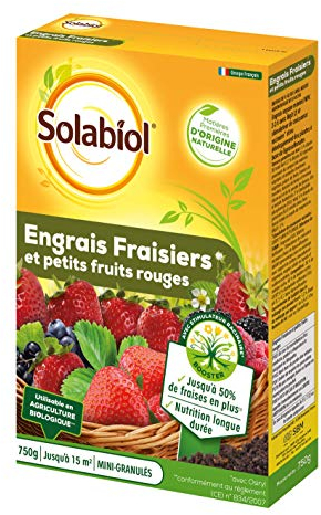 SOLABIOL Engrais Fraisiers & Petits Fruits - 750g - Jusqu'à 15m² - Stimulateur De Croissance - Nutrition Longue Durée - Jusqu'à 50% De Fraises En Plus - Utilisable En Agriculture Biologique SOFRAY750