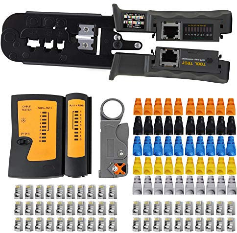 MAYLINE RJ45/RJ12/RJ11 Crimp Repair Network Wire Stripper Tool Kit, Cat5/Cat6 Computer Cable Crimping Cutter Set, Professional Ethernet Wire Crimper with Tester Tools&Connectors(Grey)