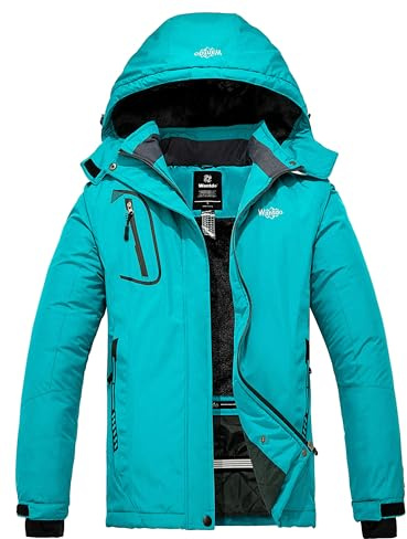 Wantdo Chaqueta de Esquí Cálida para Mujer con Forro Polar Snowboard Impermeable con Capucha Abrigo de Montaña Impermeable Antiviento Mujer Turquesa XL